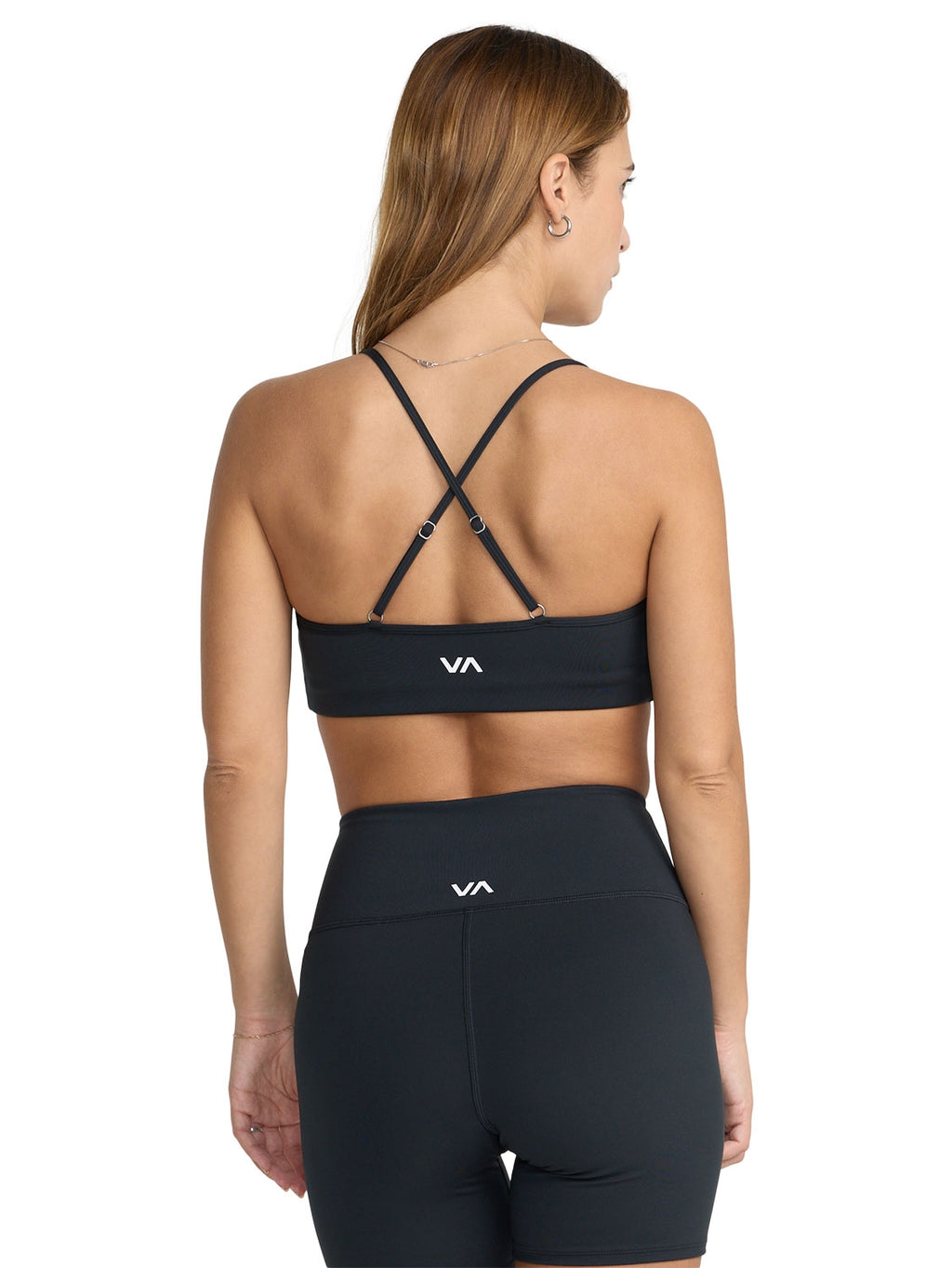 Black criss crossstrappy sports bra featuring VA back print. Back View