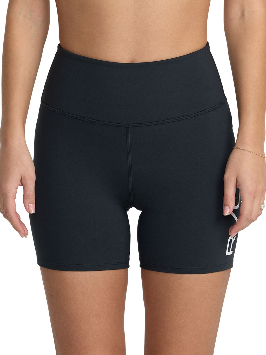 Black athletic biker shorts with a white 'VA' logo on the lower left leg. Front View