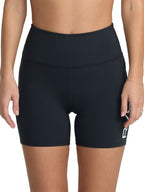 Black athletic biker shorts with a white 'VA' logo on the lower left leg. Front View