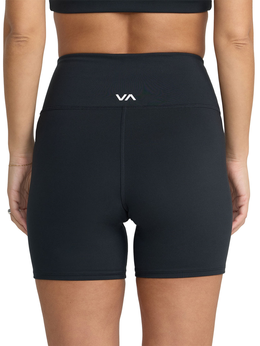 Black athletic biker shorts with a white 'RVCA' logo on the waistband. Back View