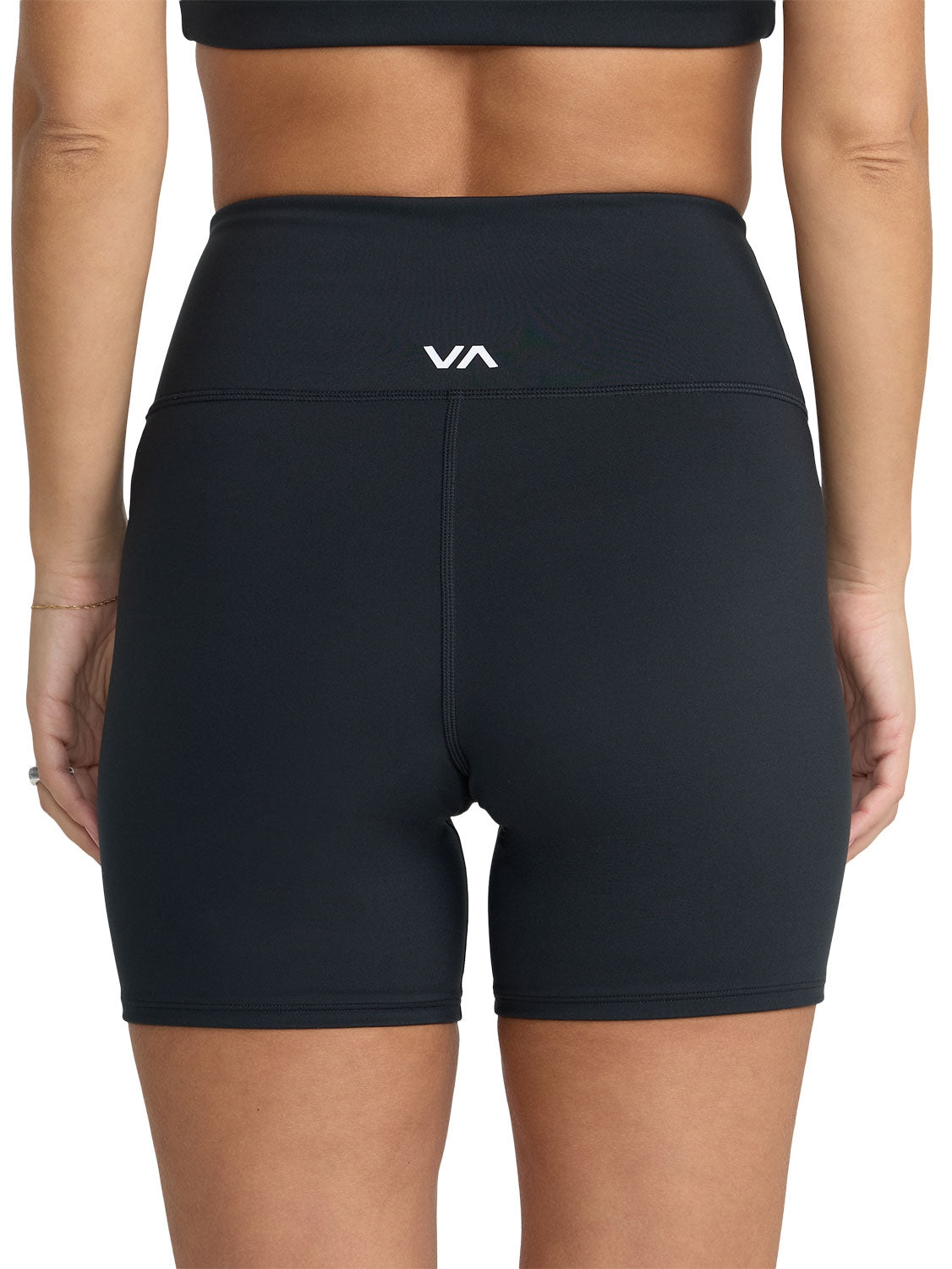 Black athletic biker shorts with a white 'RVCA' logo on the waistband. Back View