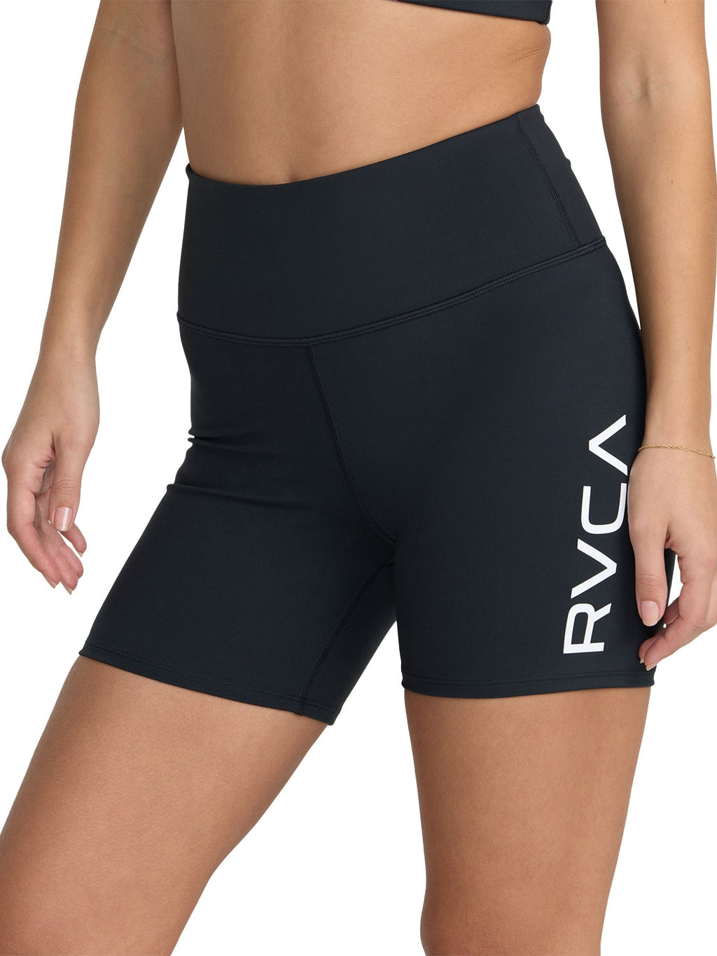 Black athletic biker shorts with a white 'VA' logo on the lower left leg. Front View