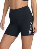 Black athletic biker shorts with a white 'VA' logo on the lower left leg. Front View