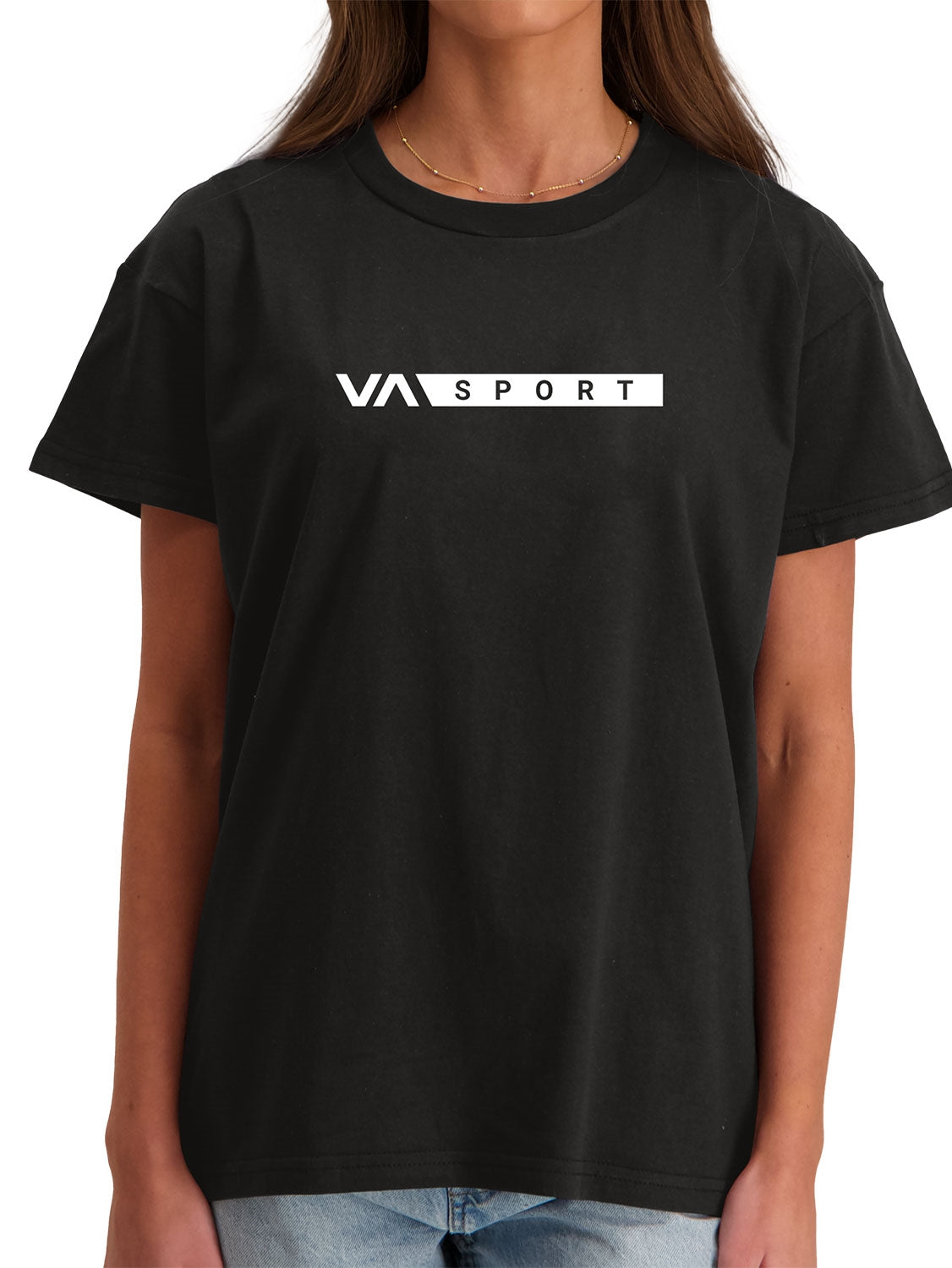 Black short-sleeve t-shirt with a 'VA Sport' logo printed across the chest. Front View.