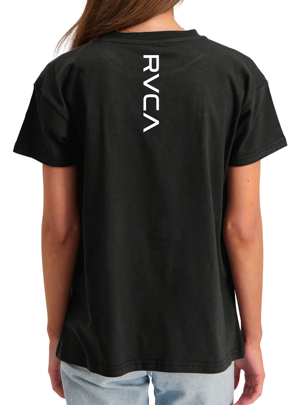 Black short-sleeve t-shirt with a 'RVCA' vertical print. Back View.