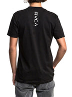 Black short-sleeve t-shirt with a 'RVCA' vertical print. Back View.