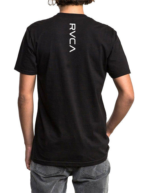 Black short-sleeve t-shirt with a 'RVCA' vertical print. Back View.