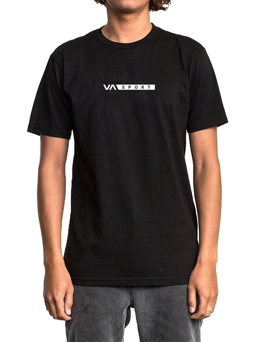 Black short-sleeve t-shirt with a 'VA Sport' logo printed across the chest. Front View.
