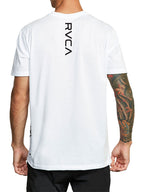 White short-sleeve t-shirt with a 'RVCA' vertical print. Back View.