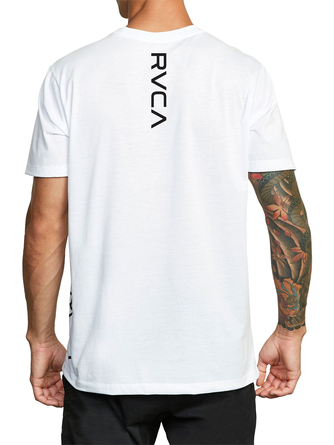 White short-sleeve t-shirt with a 'RVCA' vertical print. Back View.