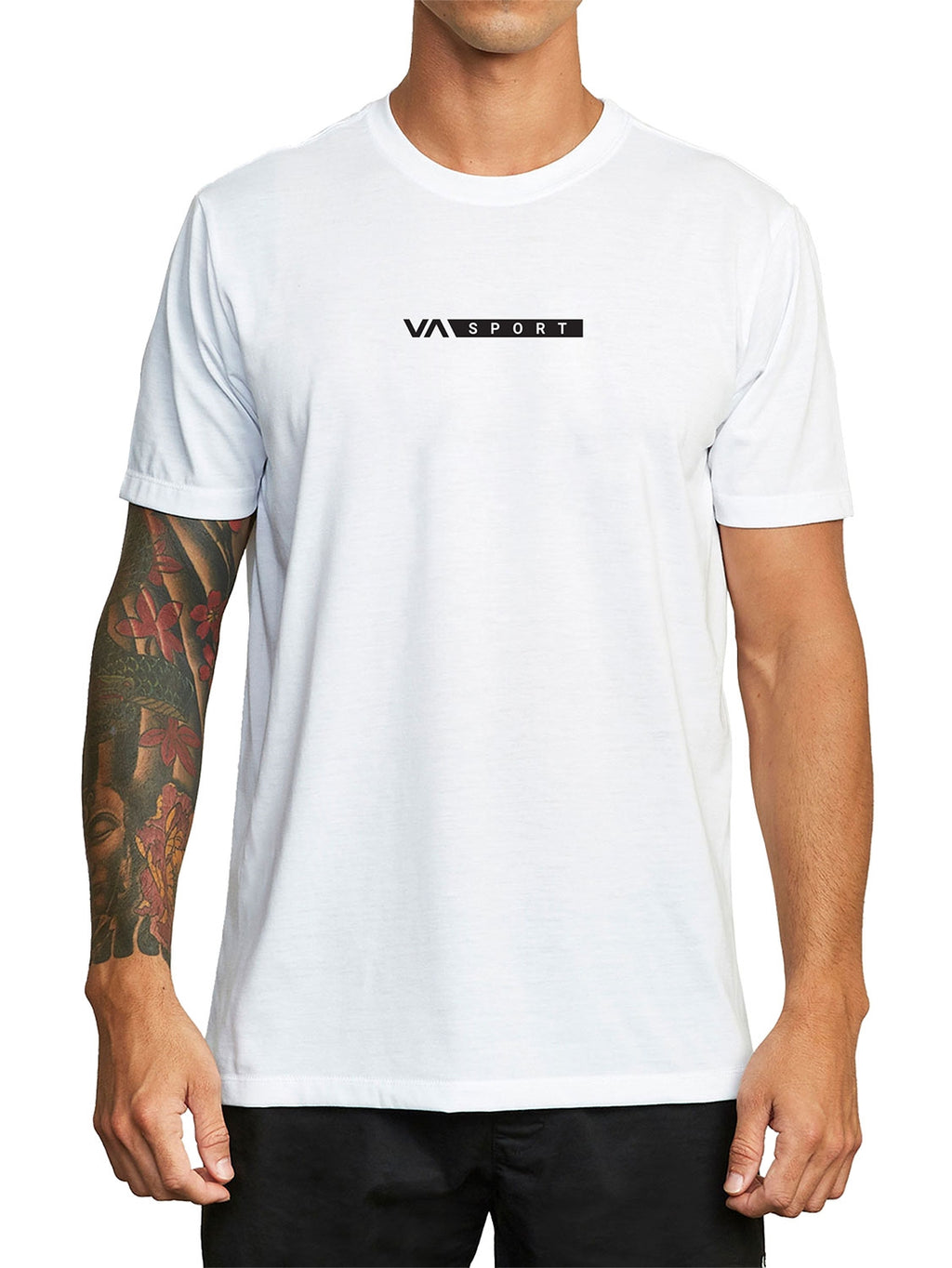 White short-sleeve t-shirt with a 'VA Sport' logo printed across the chest. Front View.