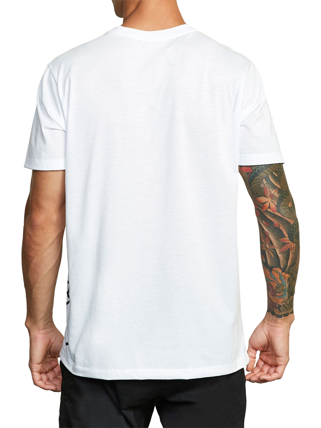White short-sleeve t-shirt with a 'VA' logo printed on the chest. Back View.
