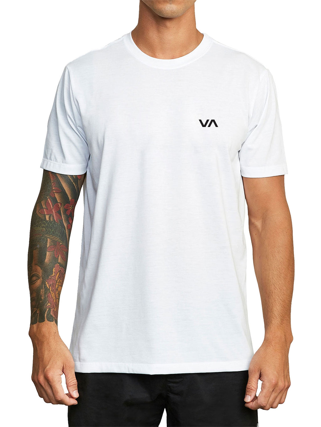 White short-sleeve t-shirt with a 'VA' logo printed on the chest. Front View.