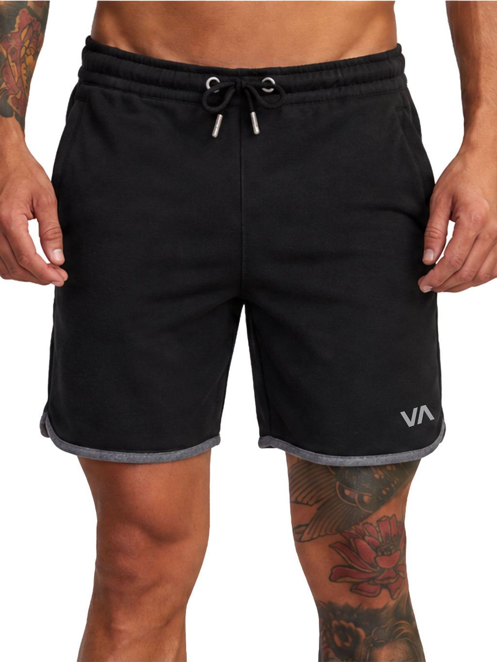 Black athletic shorts with a gray ribbed hem and a 'VA' logo on the lower left leg, Front View