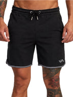 Black athletic shorts with a gray ribbed hem and a 'VA' logo on the lower left leg, Front View