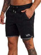 Black athletic shorts with a gray ribbed hem and a 'VA' logo on the lower left leg, Side View.