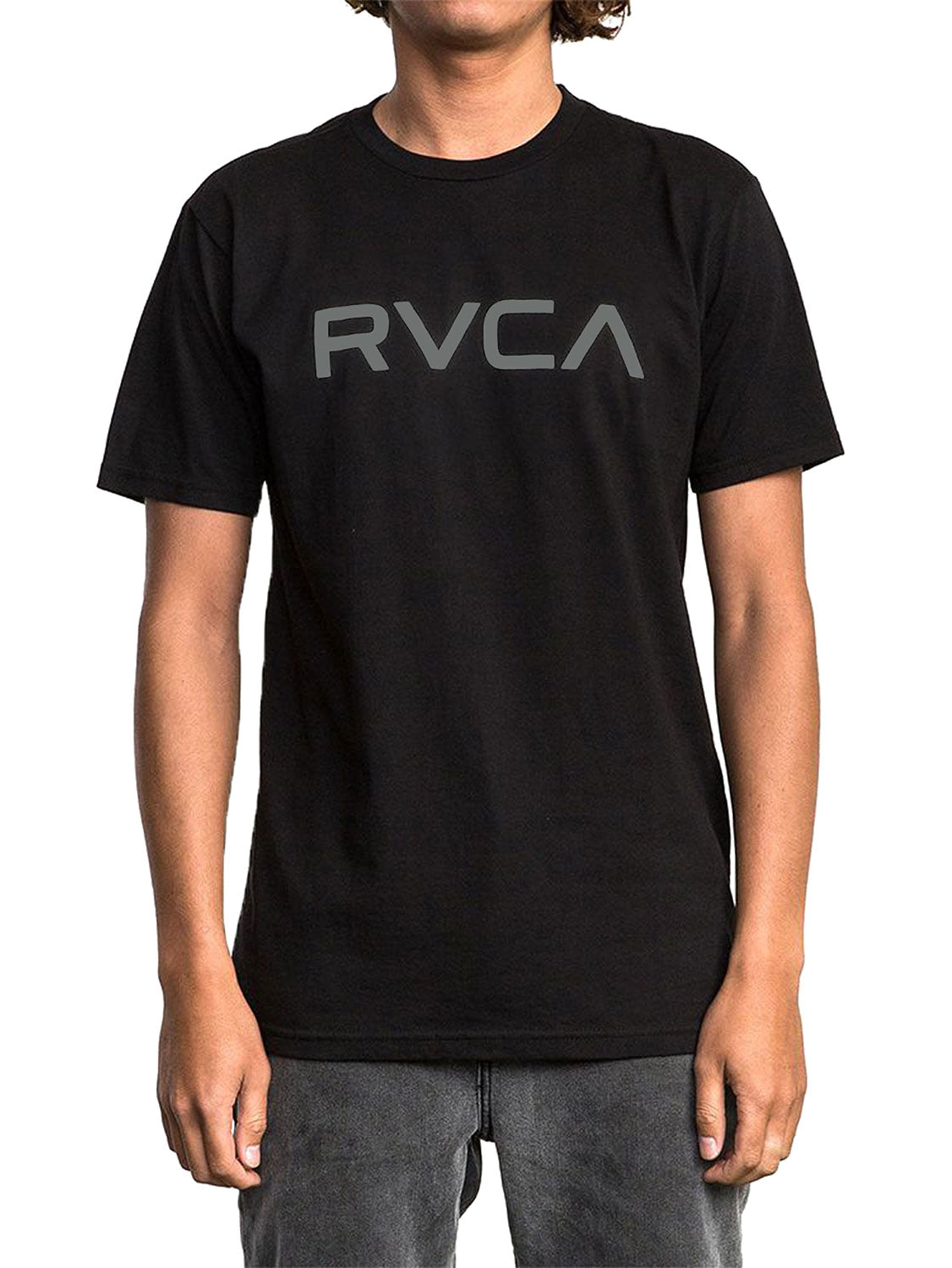 Black short-sleeve t-shirt with a 'BIG RVCA' logo printed across the chest. Front View.