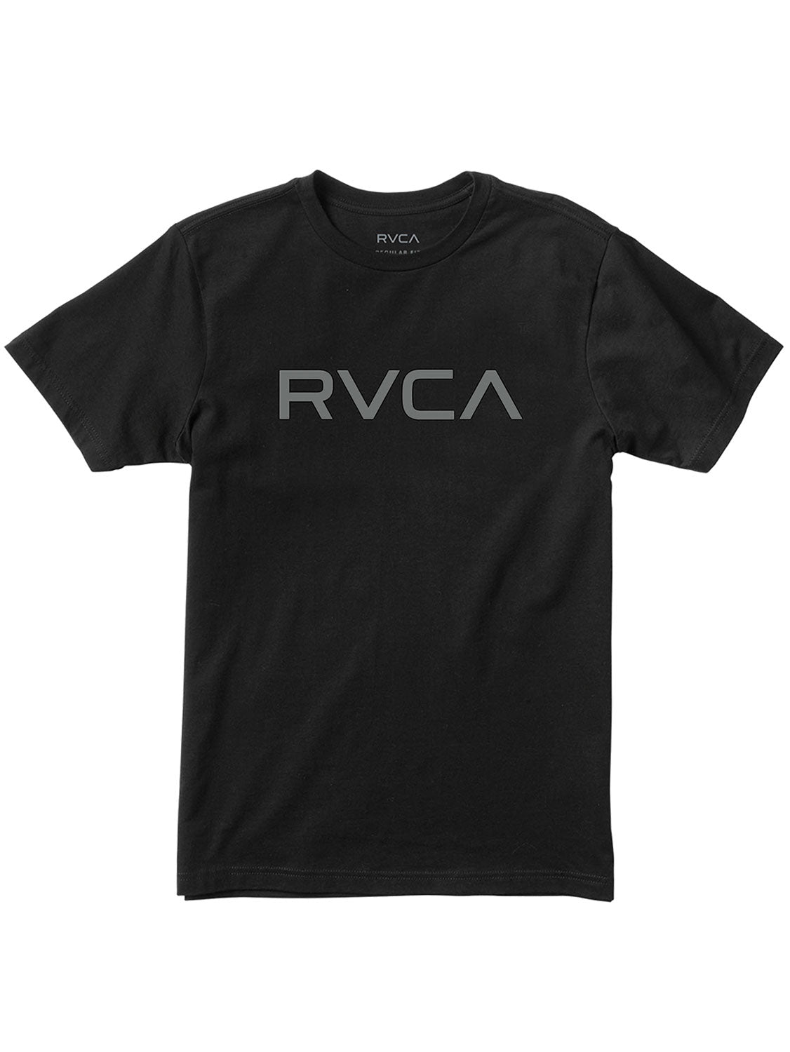 Black short-sleeve t-shirt with a 'BIG RVCA' logo printed across the chest. Front View.