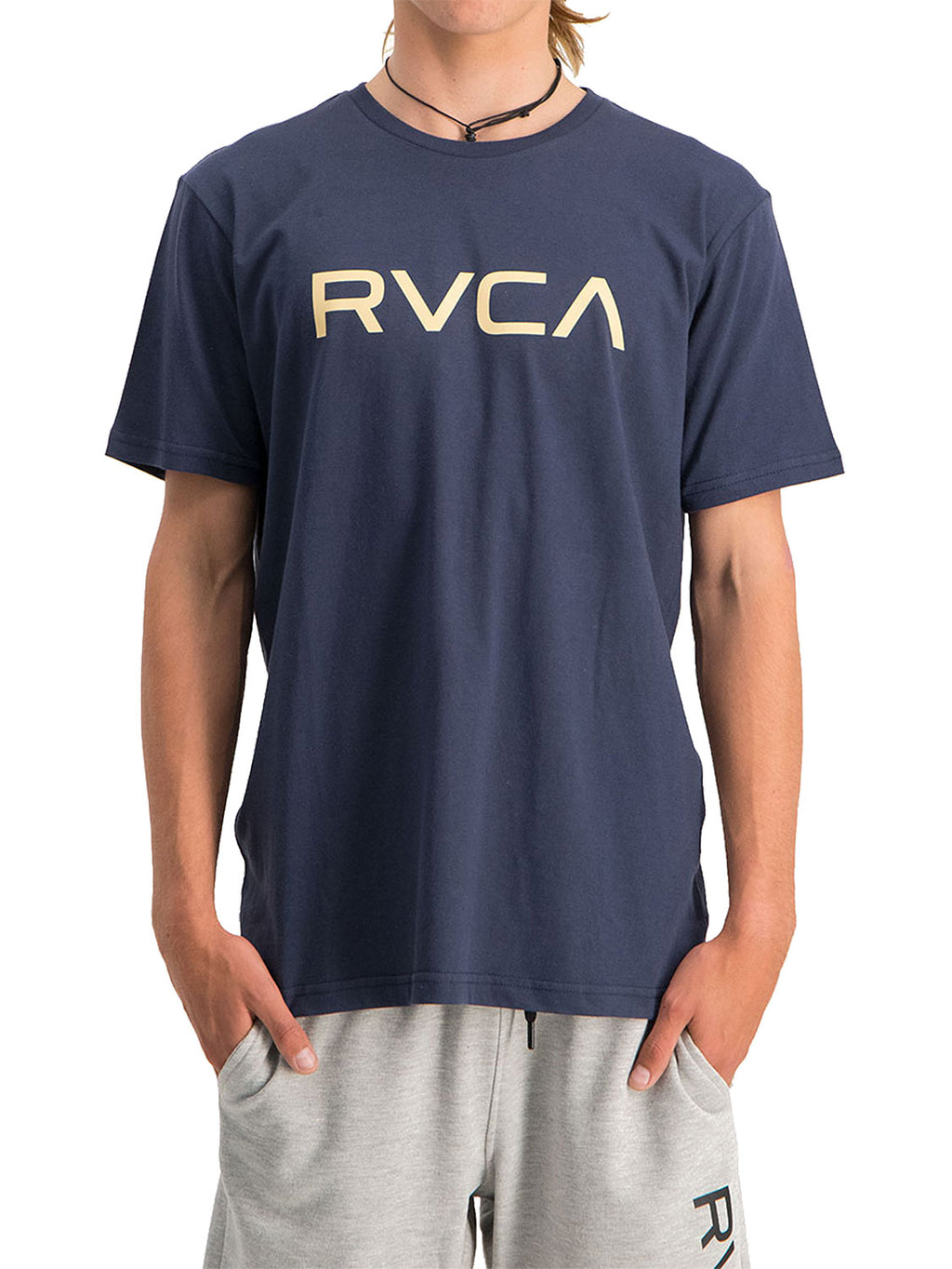 Navy short-sleeve t-shirt with a 'BIG RVCA' logo printed across the chest. Front View.