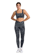 Dark gray and black tie-dye sports bra with a white 'VA' logo on the front. Front  Full Body View
