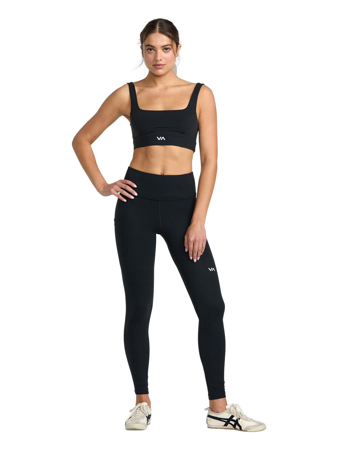 Black sports bra with a white 'VA' logo on the front. Front  Full Body View