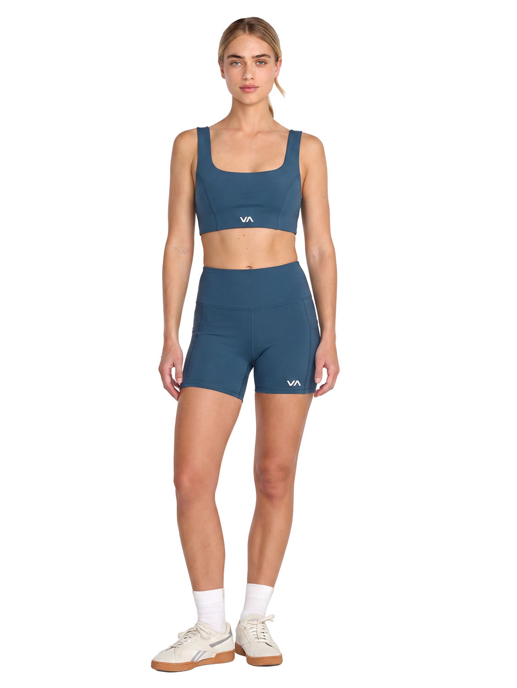 Blue sports bra with a white 'VA' logo on the front. Front Full View