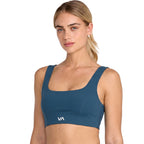 Blue sports bra with a white 'VA' logo on the front. Front View
