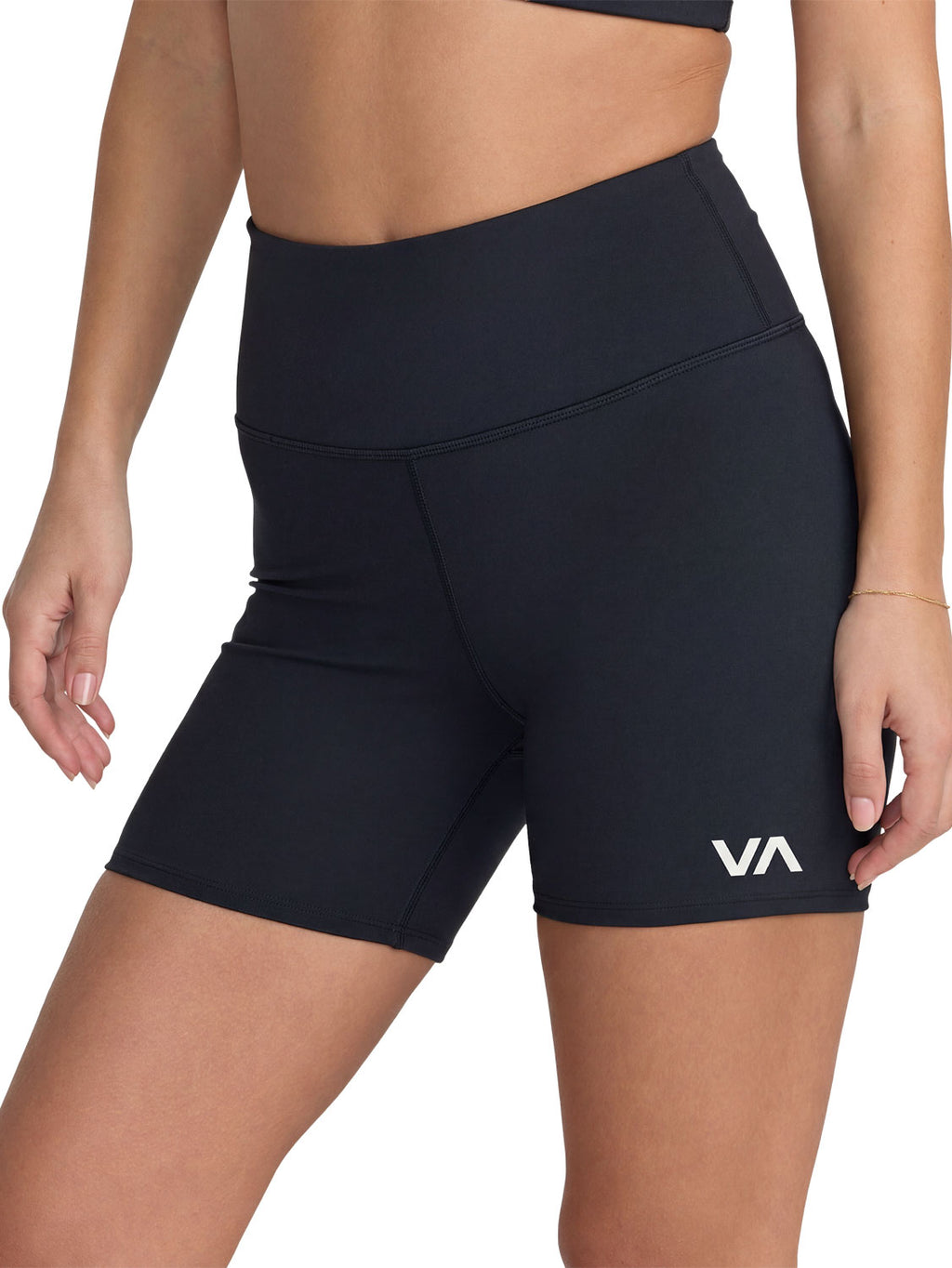 Black athletic biker shorts with a white 'VA' logo on the lower left leg. Front View