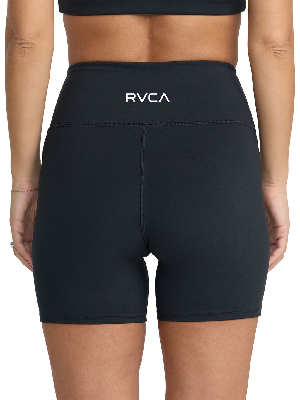 Black athletic biker shorts with a white 'RVCA' logo on the waistband. Back View