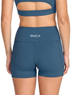 Blue athletic biker shorts with a white 'RVCA' logo on the waistband. Back View