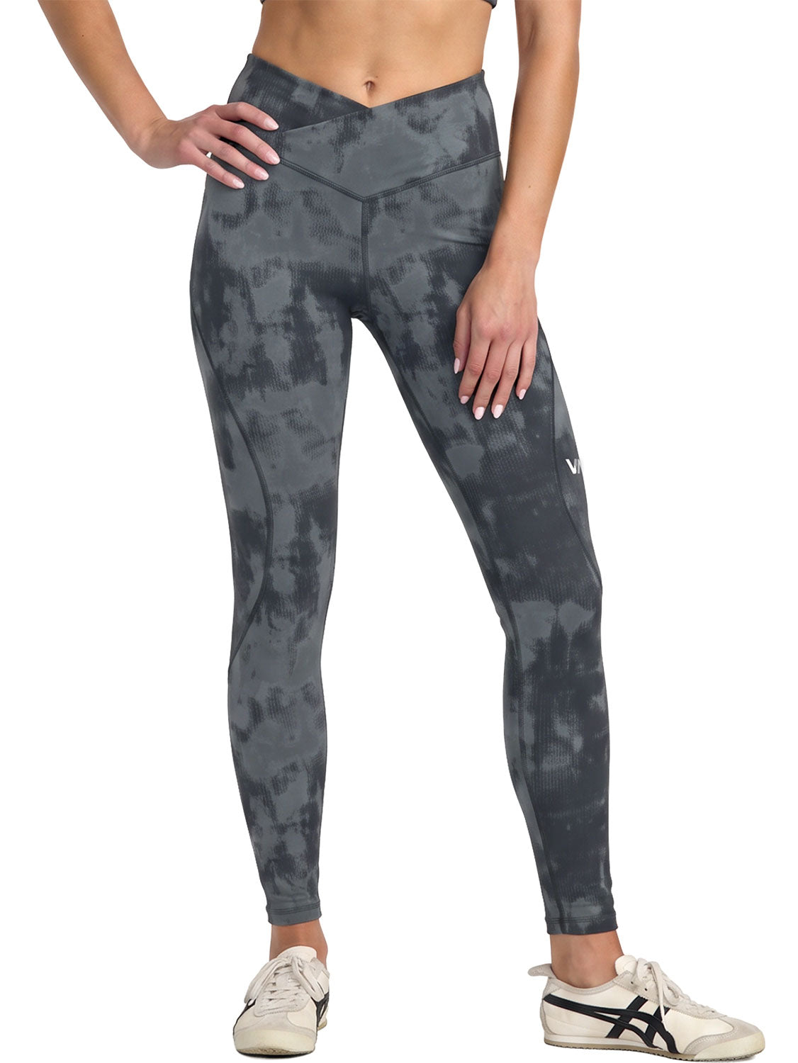 High-waisted athletic leggings with a dark gray and black mottled tie-dye pattern. Front View