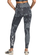 High-waisted athletic leggings with a dark gray and black mottled tie-dye pattern. Back View