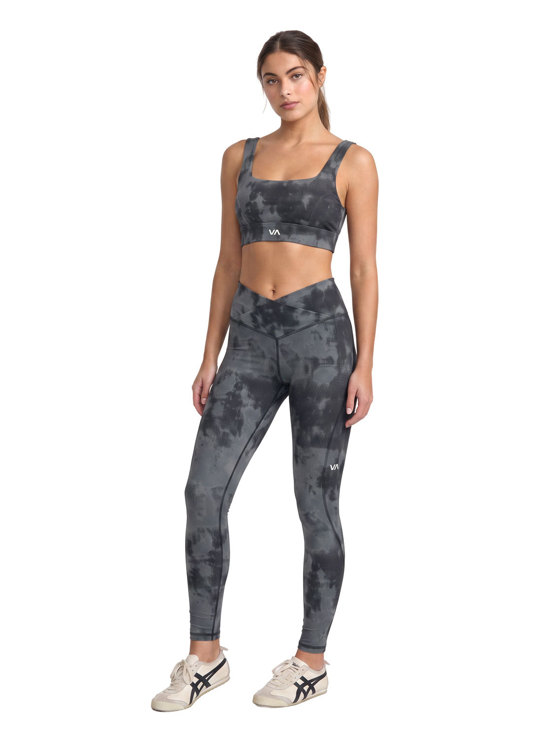 High-waisted athletic leggings with a dark gray and black mottled tie-dye pattern. Full View