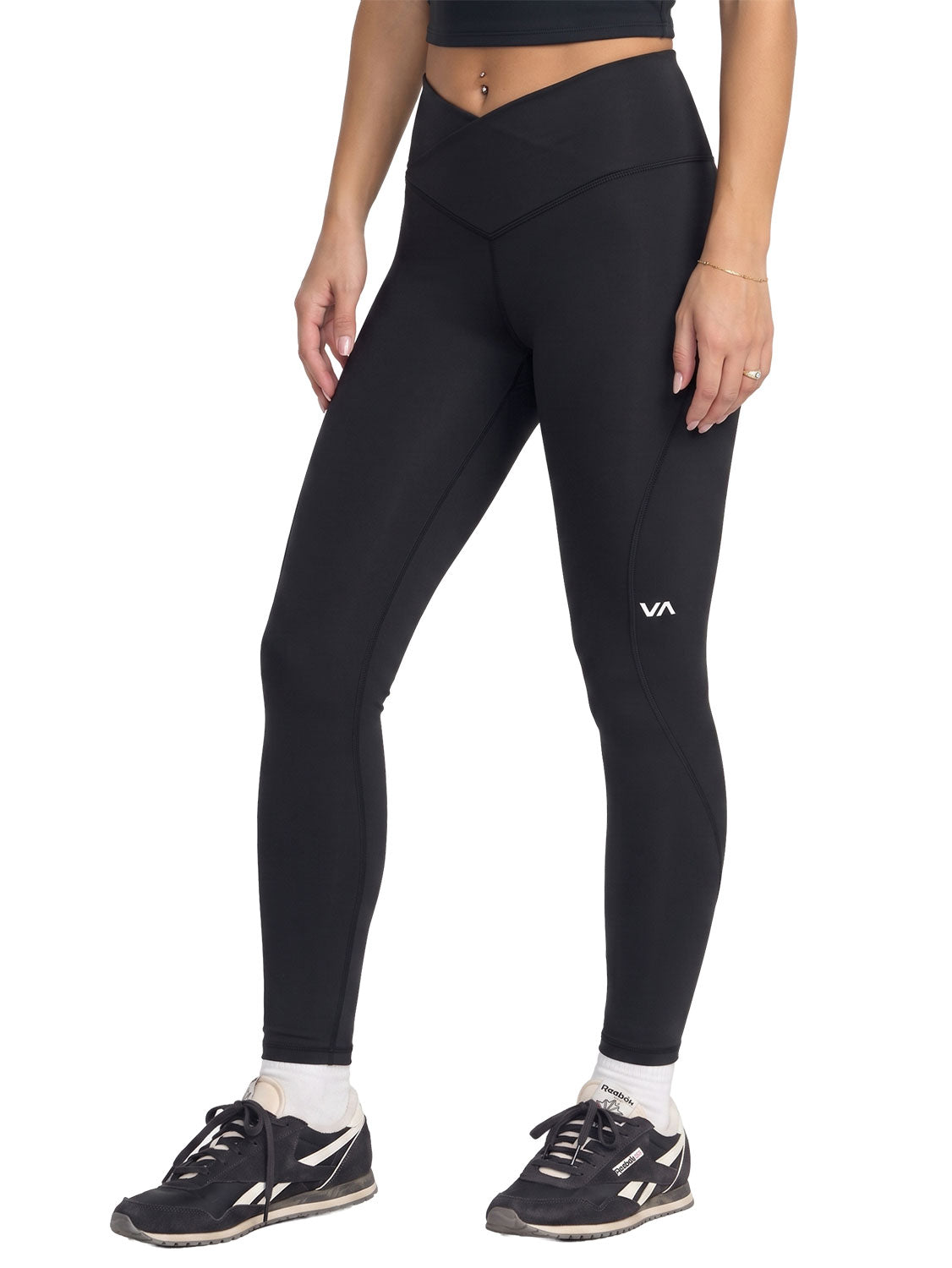 High-waisted athletic leggings with a VA logo. Front View