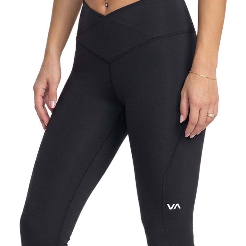 Black High-waisted athletic leggings with a VA logo. Front Close Up View