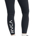 Black high-waisted athletic leggings with a large white vertical RVCA logo on the lower left leg. Back Close Up View