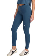 Blue High-waisted athletic leggings with a VA logo. Front View