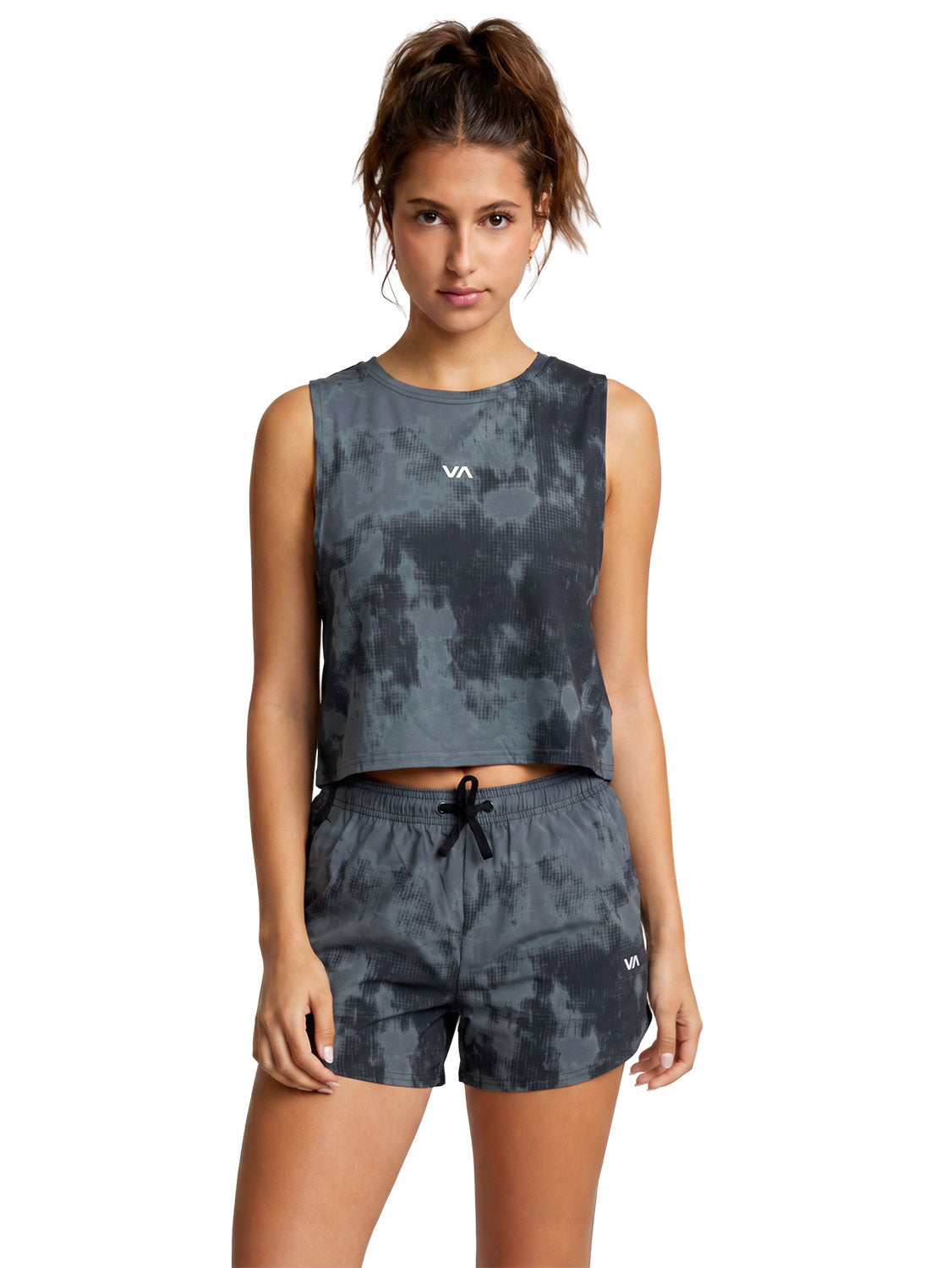 Grey and black tie-dye athletic sleeveless crop tank top logo on the chest. Front View