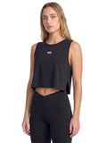 Black sleeveless athletic crop top with a small white logo on the chest. Front View