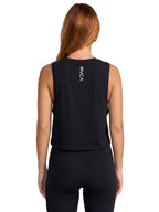 Black sleeveless athletic crop top with vertical RVCA print. Back View