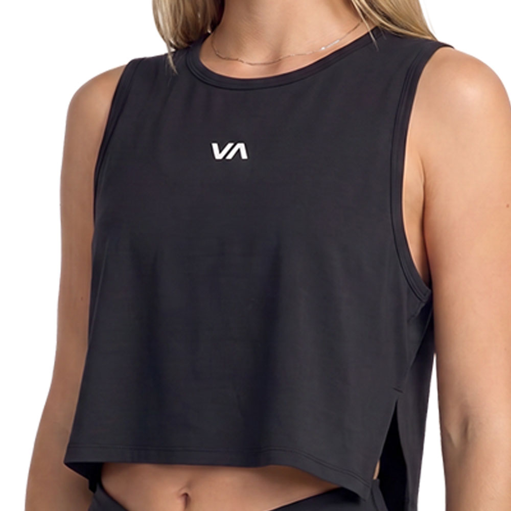 Black sleeveless athletic crop top with a small white logo on the chest. Close Up Front View