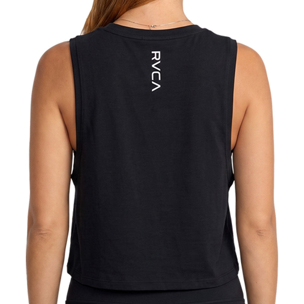 Black sleeveless athletic crop top with verticsl RVCA print. Close Up Back View