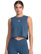 Blue sleeveless athletic crop top with a small white logo on the chest. Front View
