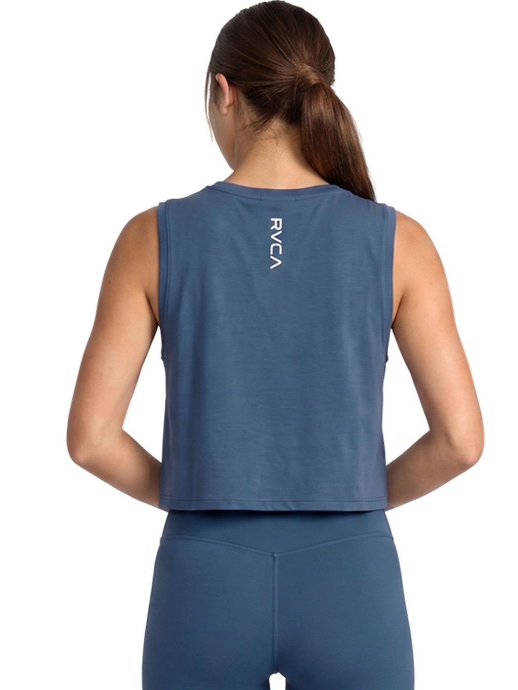 Blue sleeveless athletic crop top with verticsl RVCA print. Back View