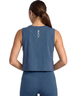 Blue sleeveless athletic crop top with verticsl RVCA print. Back View