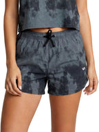 Dark gray and black camouflage athletic shorts with a white RVCA logo on the side. Front View