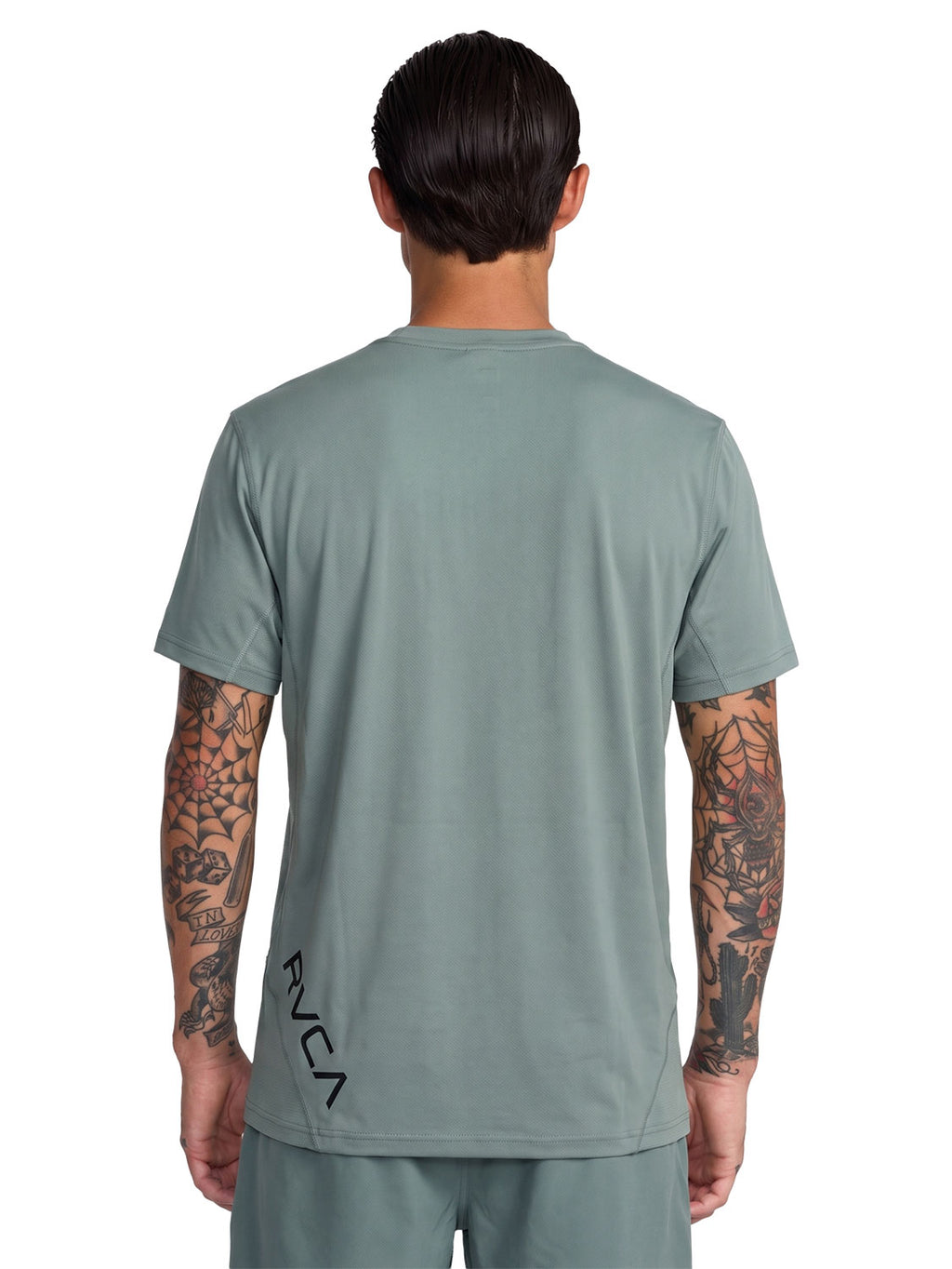 Green athletic t-shirt with a black vertical 'RVCA' logo printed on the lower back. Back View