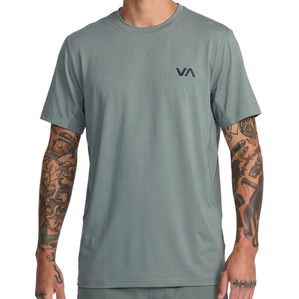 Green athletic t-shirt with a 'VA' logo on the left chest. Front Close Up View