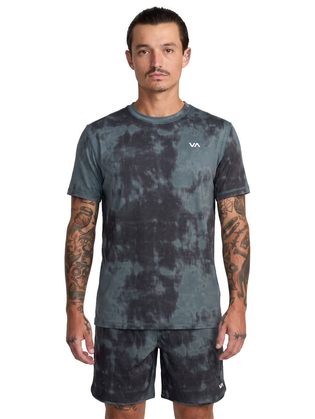 Dark Grey athletic tie-dye t-shirt with a 'VA' logo on the left chest. Front View