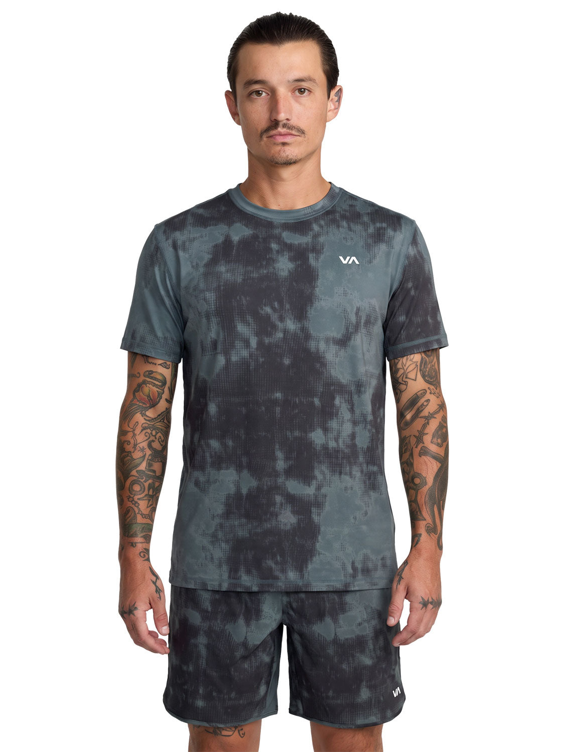 Dark Grey athletic tie-dye t-shirt with a 'VA' logo on the left chest. Front View